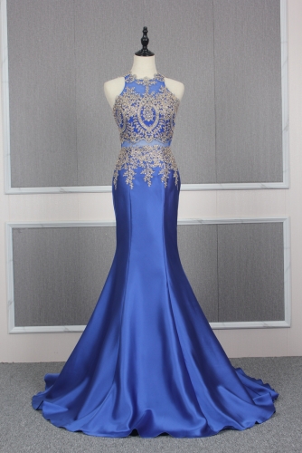 blue and gold mermaid prom dress