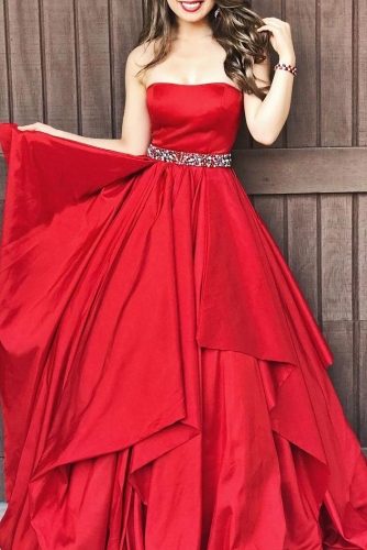 red gown with belt