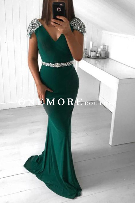 Emerald Green Mermaid Prom Dress with Beaded Cap Sleeves