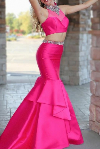 hot pink two piece prom dress