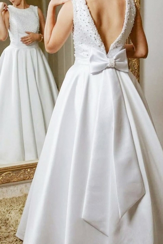 A Line Ivory Satin Beaded Jewel Neck Wedding Dress