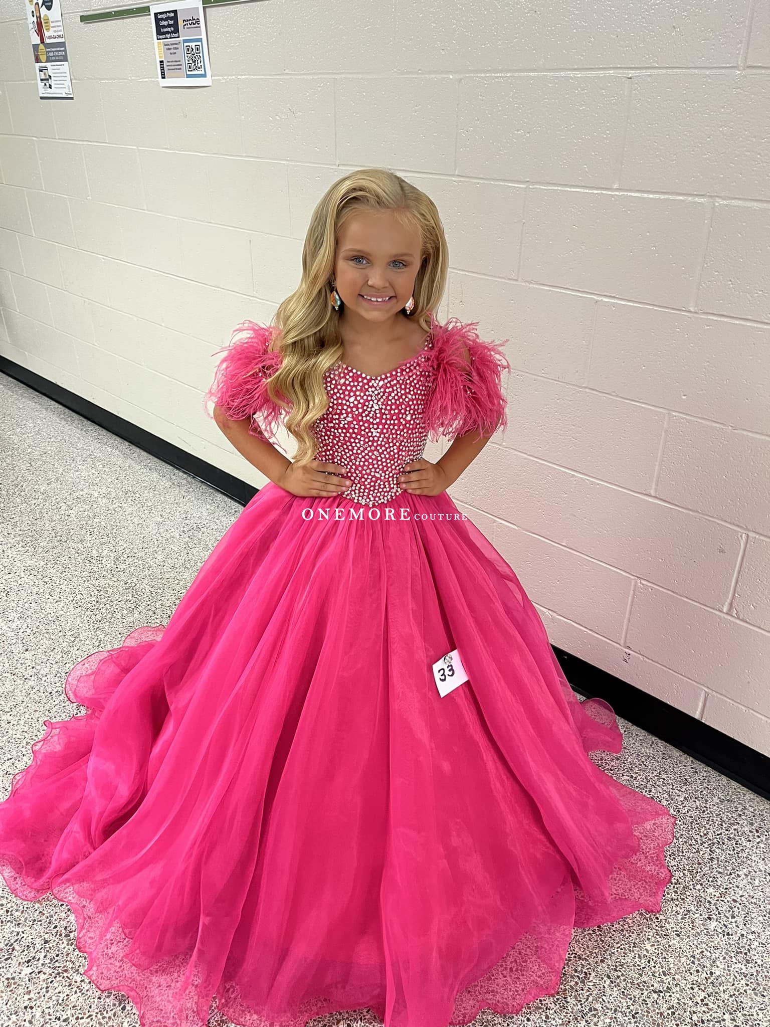 Hot Pink Beaded Organza Pageant Gown with Feathers,Pageant Gown for Girl